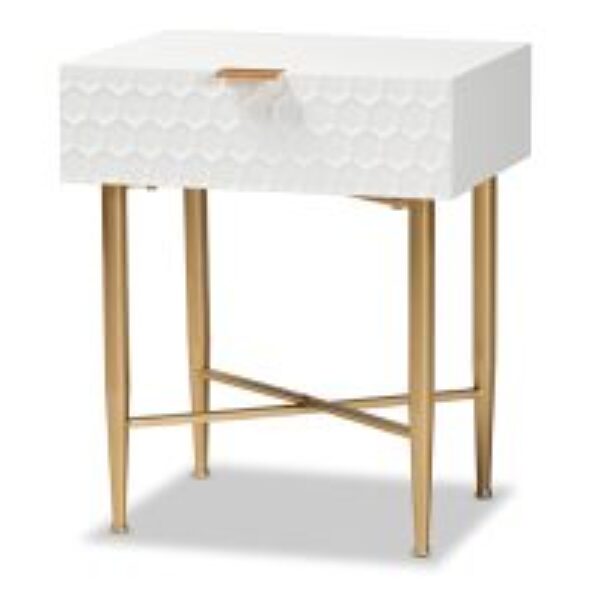 Marcin Contemporary Glam and Luxe White Finished Wood and Gold Metal 1-Drawer Nightstand