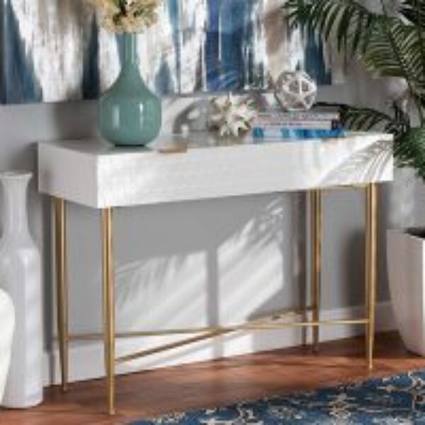 Galia Modern and Contemporary White Finished Wood and Gold Metal 1-Drawer Console Table