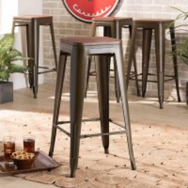 Horton Modern and Contemporary Brown Metal and Walnut Brown Finished Wood 4-Piece Bar Stool Set