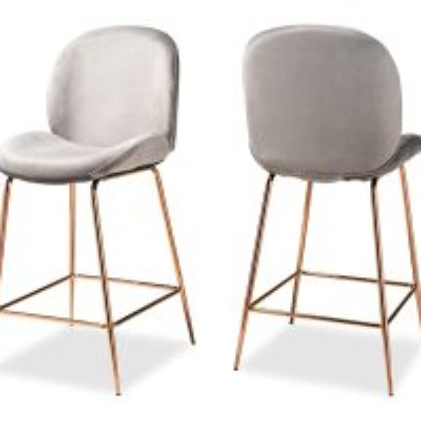 Lander Modern Luxe and Glam Grey Velvet Fabric Upholstered and Rose Gold Finished Metal 2-Piece Counter Stool Set