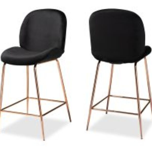 Lander Modern Luxe and Glam Black Velvet Fabric Upholstered and Rose Gold Finished Metal 2-Piece Counter Stool Set