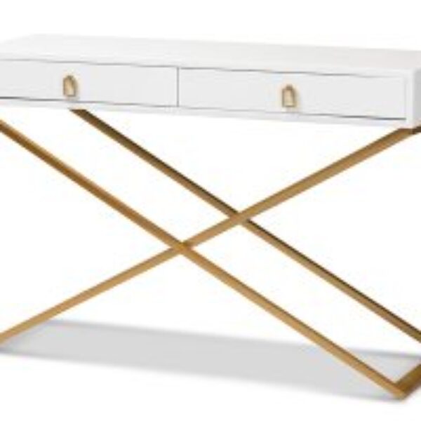 Madan Modern and Contemporary White Finished Wood and Gold Metal 2-Drawer Console Table