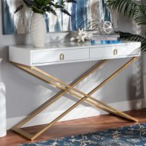 Madan Modern and Contemporary White Finished Wood and Gold Metal 2-Drawer Console Table