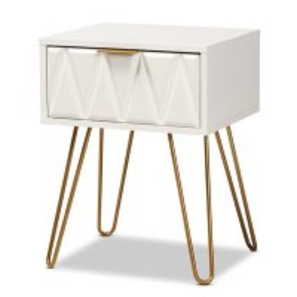 Holbrook Contemporary Glam and Luxe White Finished Wood and Gold Metal 1-Drawer End Table