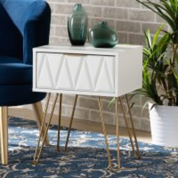 Holbrook Contemporary Glam and Luxe White Finished Wood and Gold Metal 1-Drawer End Table