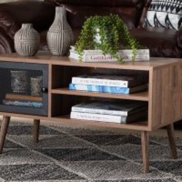 Yuna Mid-Century Modern Transitional Natural Brown Finished Wood and Black Metal 1-Door Coffee Table