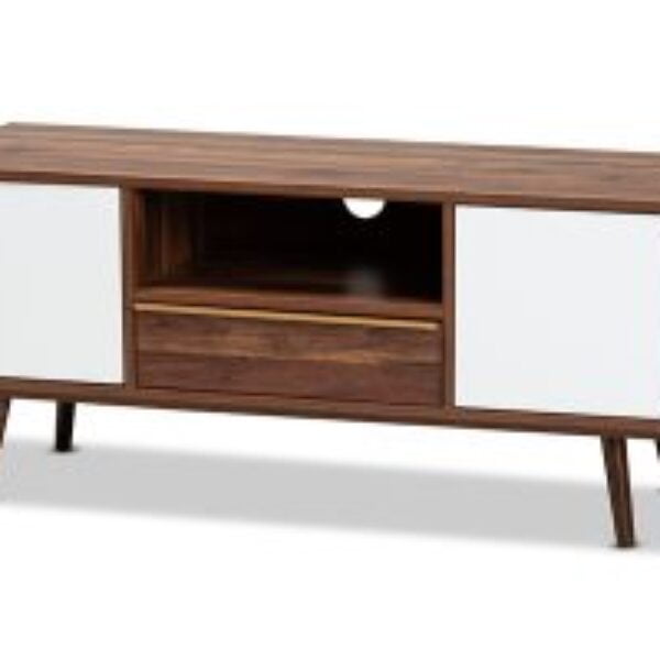 Grover Mid-Century Modern Two-Tone Cherry Brown and White Finished Wood 2-Door TV Stand