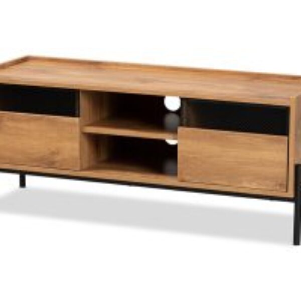 Tasman Modern and Contemporary Industrial Natural Brown Finished Wood and Black Metal 2-Door TV Stand