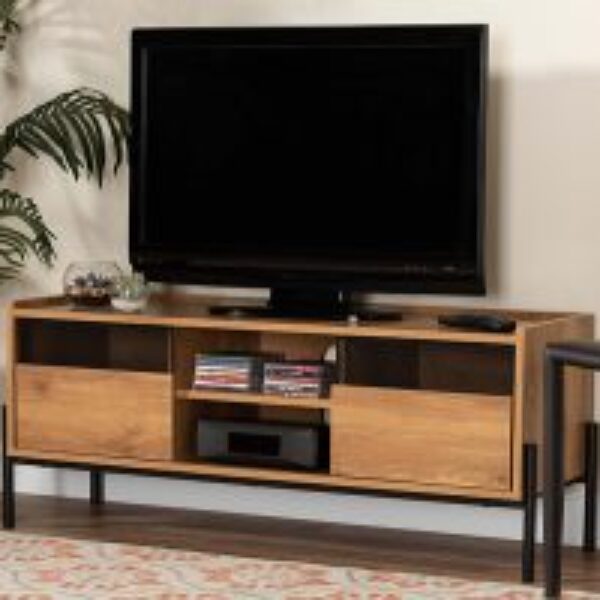 Tasman Modern and Contemporary Industrial Natural Brown Finished Wood and Black Metal 2-Door TV Stand