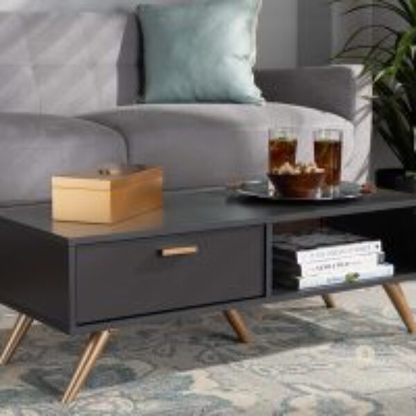 Kelson Modern and Contemporary Dark Grey and Gold Finished Wood Coffee Table