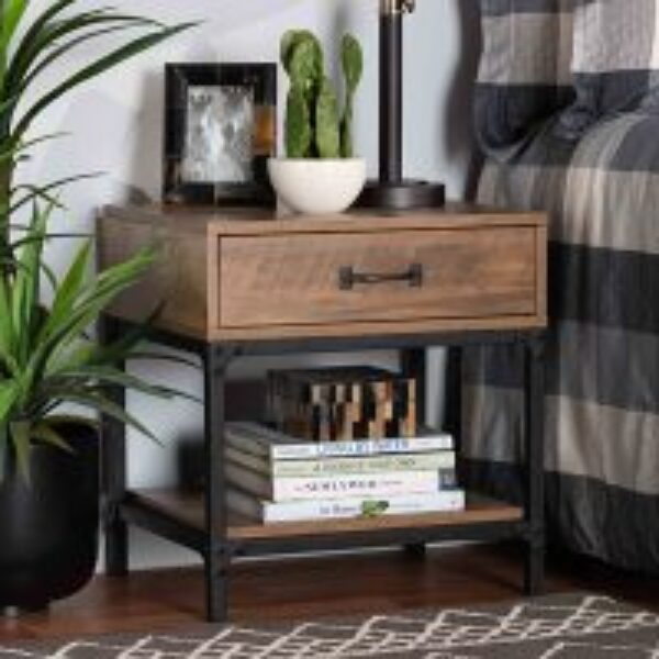 Norwood Modern Industrial Walnut Brown Finished Wood and Black Metal 1-Drawer End Table