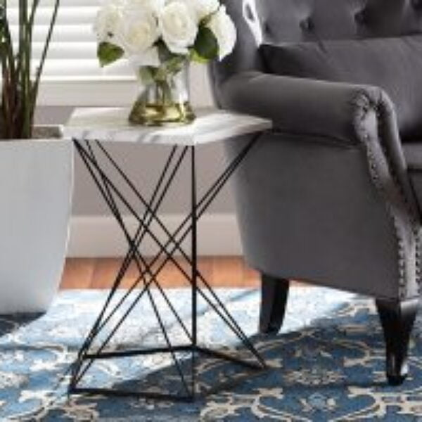 Oberon Modern and Contemporary Black Finished Metal End Table with Faux Marble Tabletop
