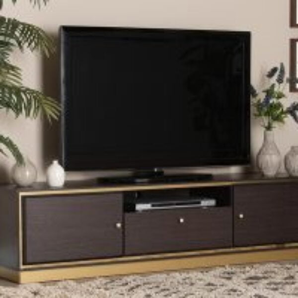 Cormac Mid-Century Modern Transitional Dark Brown Finished Wood and Gold Metal 2-Door TV Stand