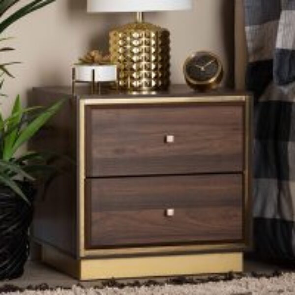 Cormac Mid-Century Modern Transitional Walnut Brown Finished Wood and Gold Metal 2-Drawer Nightstand