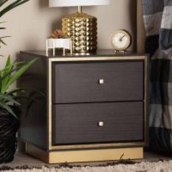 Cormac Mid-Century Modern Transitional Dark Brown Finished Wood and Gold Metal 2-Drawer Nightstand