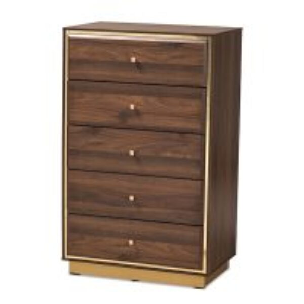 Cormac Mid-Century Modern Transitional Walnut Brown Finished Wood and Gold Metal 5-Drawer Storage Chest