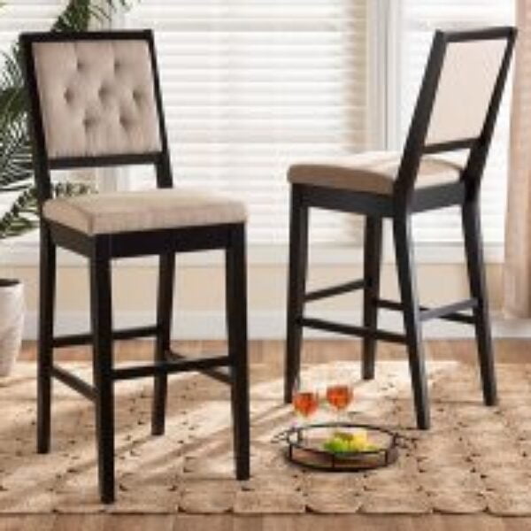 Gideon Modern and Contemporary Sand Fabric Upholstered and Dark Brown Finished Wood 2-Piece Bar Stool Set