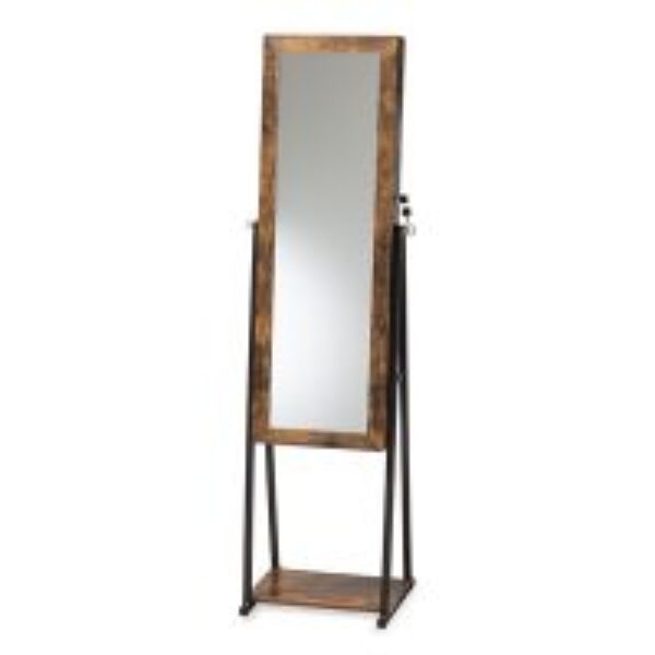 Ganit Modern and Contemporary Walnut Brown Finished Wood and Black Metal Jewelry Armoire with Mirror