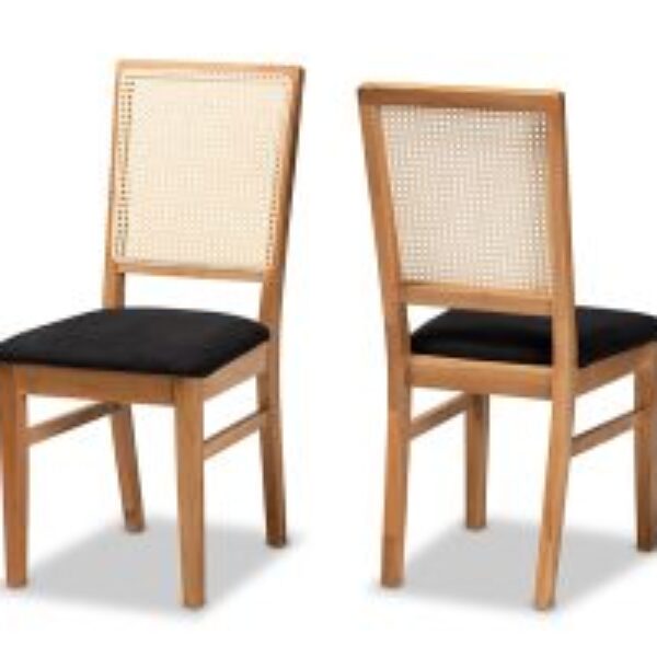 Idris Mid-Century Modern Black Fabric Upholstered and Oak brown Finished 2-Piece Rattan Dining Chair Set