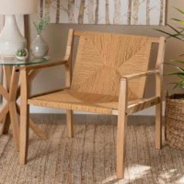 Delaney Mid-Century Modern Oak Brown Finished Wood and Hemp Accent Chair