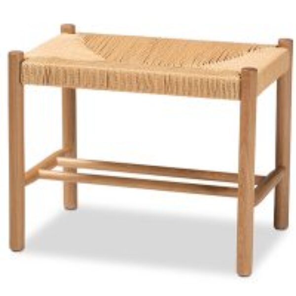 Saura Mid-Century Modern Oak Brown Finished Wood and Hemp Accent Bench