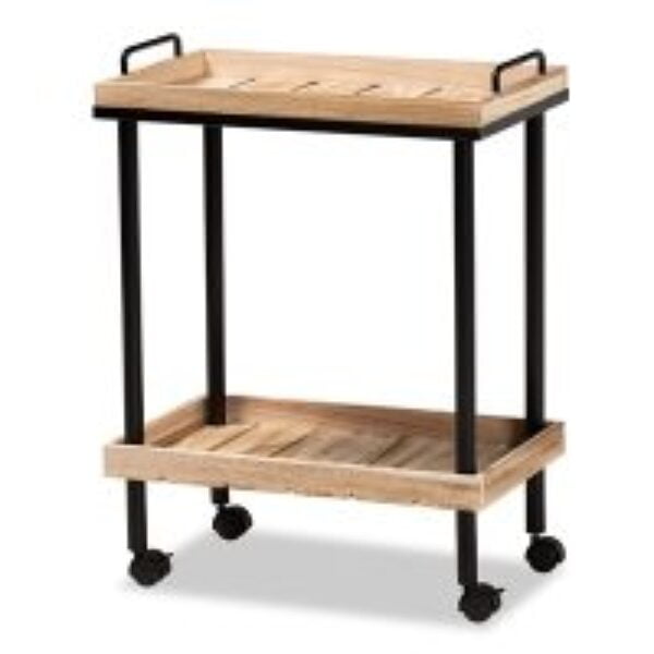 Olinda Modern and Contemporary Oak Brown Finished Wood and Black Metal Kitchen Cart