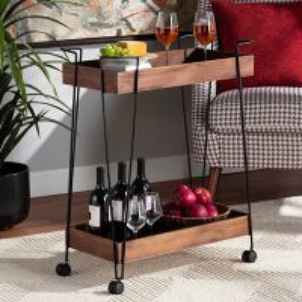 Reynard Modern and Industrial Walnut Brown Finished Wood and Black Metal 2-Tier Wine Cart