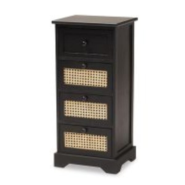 Dacey Mid-Century Modern Transitional Espresso Brown Finished Wood and Rattan 4-Drawer Storage Cabinet
