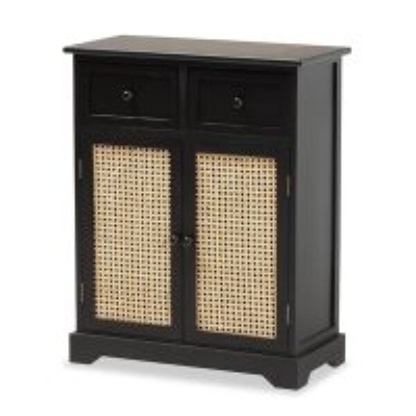 Dacey Mid-Century Modern Transitional Espresso Brown Finished Wood and Rattan 2-Drawer Storage Cabinet