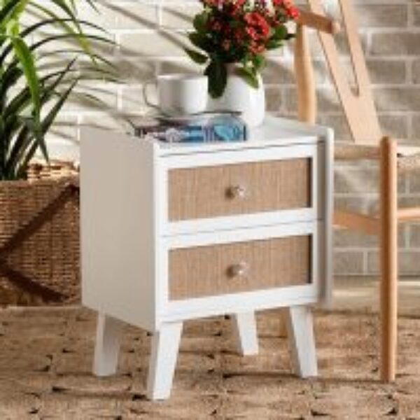 Balta Mid-Century Modern Transitional Oak Brown Rattan and White Finished Wood 2-Drawer Nightstand