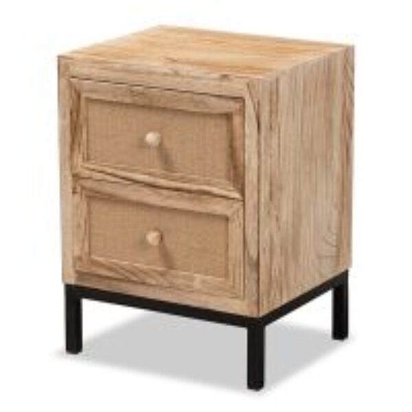 Lalette Mid-Century Modern Oak Brown Finished Wood and Black Metal 2-Drawer Nightstand
