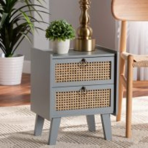 Waller Mid-Century Modern Natural Rattan and Grey Finished Wood 2-Drawer Nightstand