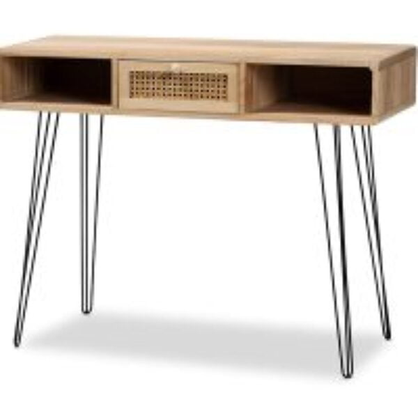 Harrell Mid-Century Modern Transitional Oak Brown Finished Wood and Black Metal 1-Drawer Console Table