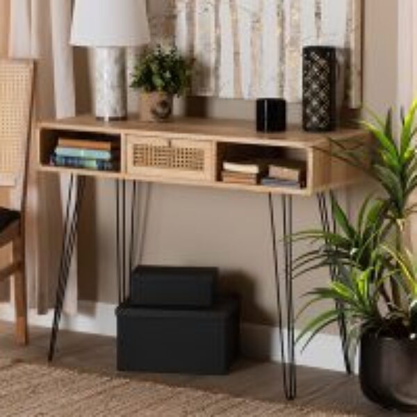 Harrell Mid-Century Modern Transitional Oak Brown Finished Wood and Black Metal 1-Drawer Console Table