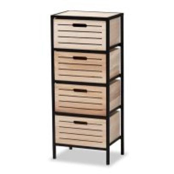 Gelsey Modern Industrial Oak Brown Finished Wood and Black Metal 4-Drawer Storage Cabinet