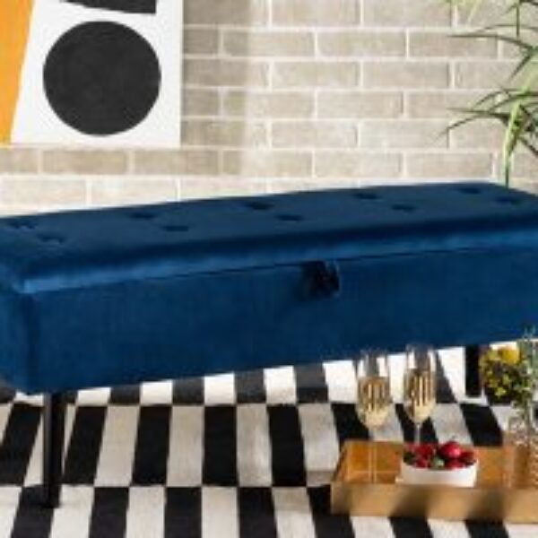 Caine Modern and Contemporary Navy Blue Velvet Fabric Upholstered and Dark Brown Finished Wood Storage Bench