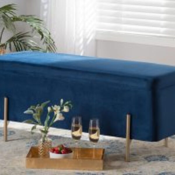 Rockwell Contemporary Glam and Luxe Navy Blue Velvet Fabric Upholstered and Gold Finished Metal Storage Bench