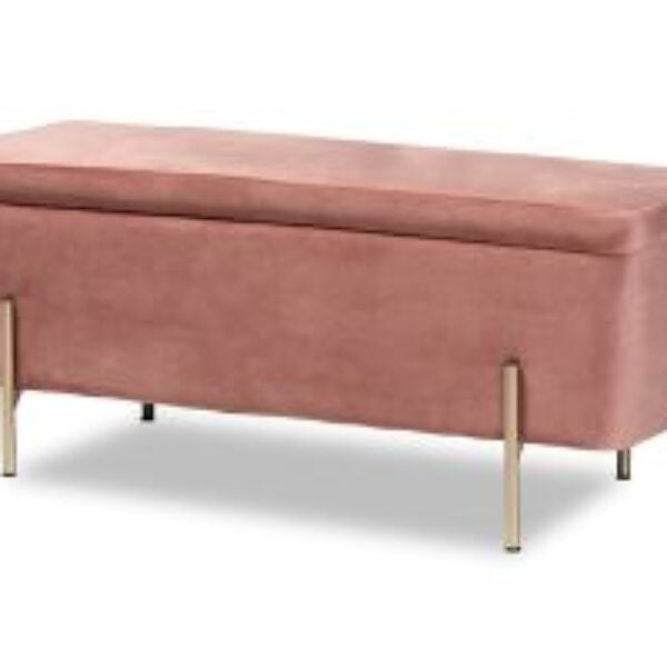 Rockwell Contemporary Glam and Luxe Blush Pink Velvet Fabric Upholstered and Gold Finished Metal Storage Bench