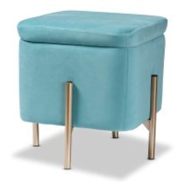 Aleron Contemporary Glam and Luxe Sky Blue Velvet Fabric Upholstered and Gold Finished Metal Storage Ottoman
