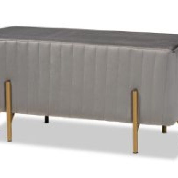 Helaine Contemporary Glam and Luxe Grey Fabric Upholstered and Gold Metal Bench Ottoman