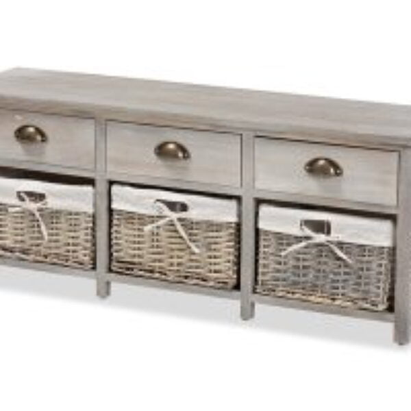 Mabyn Modern and Contemporary Light Grey Finished Wood 3-Drawer Storage Bench with Baskets