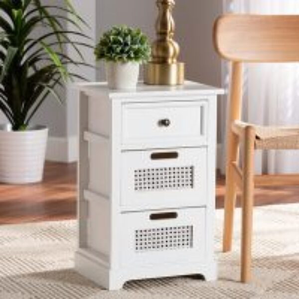 Pratt Modern and Contemporary White Finished Wood and Rattan 3-Drawer Nightstand