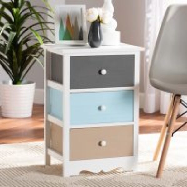 Kalila Modern and Contemporary White and Multi-Colored Finished Wood 3-Drawer Nightstand