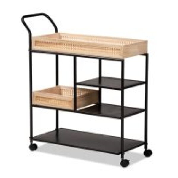 Calais Modern Industrial Oak Brown Finished Wood and Black Metal Mobile Kitchen Cart with Rattan