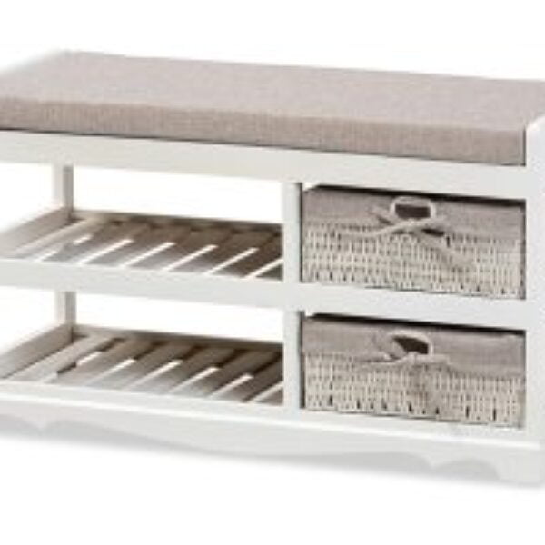 Dalair Modern and Contemporary Grey Fabric Upholstered and White Finished Wood Storage Bench with Baskets