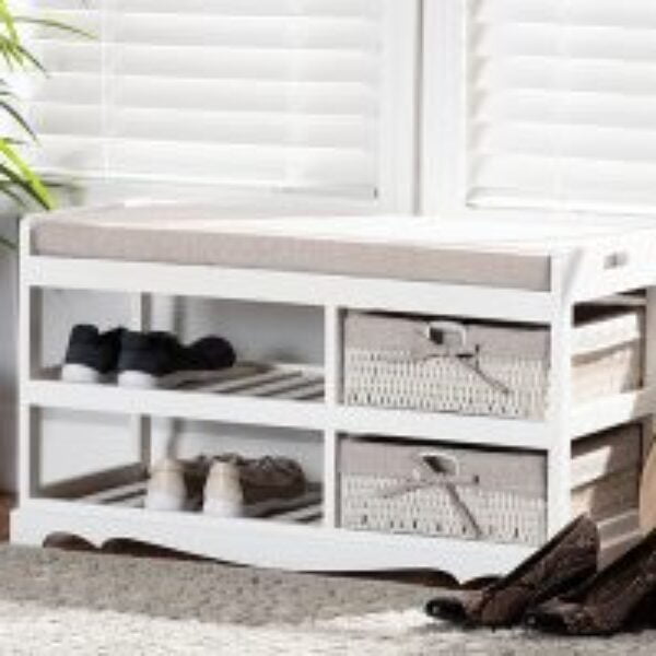 Dalair Modern and Contemporary Grey Fabric Upholstered and White Finished Wood Storage Bench with Baskets
