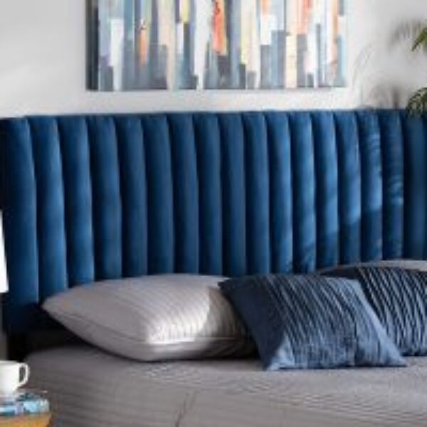 Emile Modern and Contemporary Navy Blue Velvet Fabric Upholstered and Dark Brown Finished Wood Queen Size Headboard