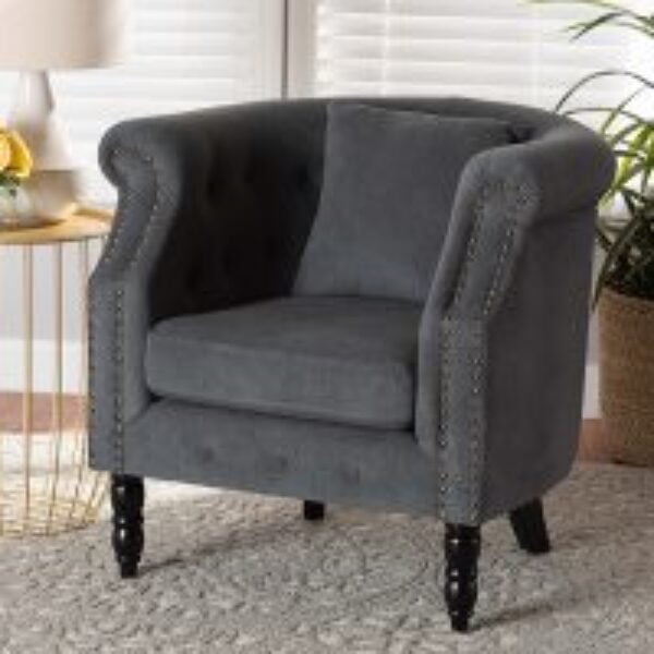 Renessa Classic and Traditional Grey Velvet Fabric Upholstered and Dark Brown Finished Wood Armchair