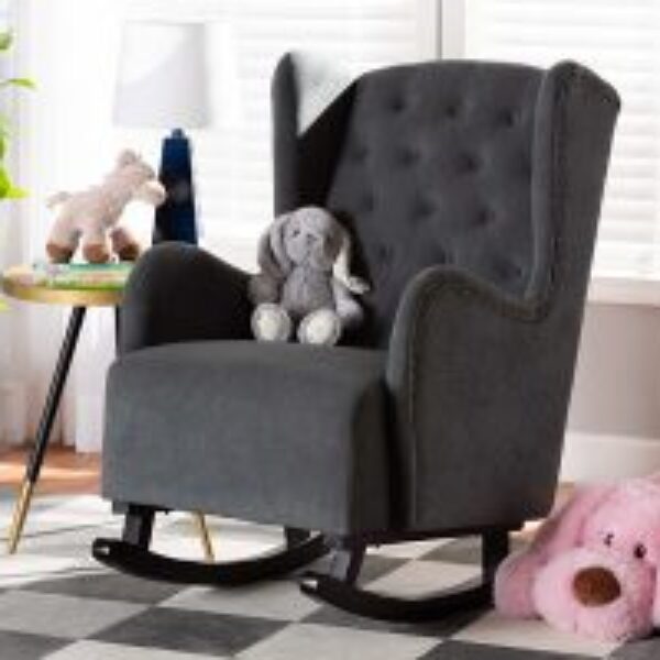 Jamir Classic and Traditional Grey Fabric Upholstered and Dark Brown Finished Wood Rocking Chair