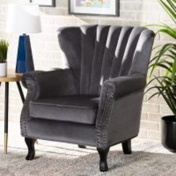 Relena Classic and Traditional Grey Velvet Fabric Upholstered and Dark Brown Finished Wood Armchair